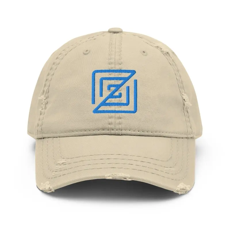 Khaki Distressed Dad Hat with Blue Logo